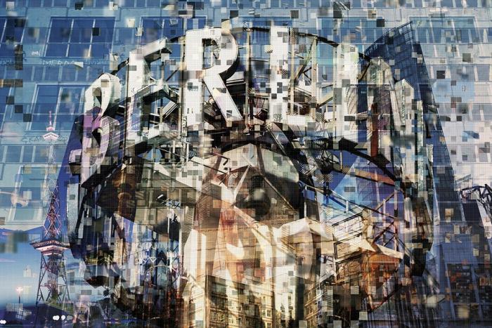 Fototapete Berlin Collage in Blau mit Berlin Schriftzug