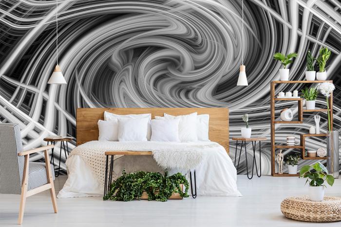 Artwork-Fototapete abstraktes Design in Schwarz-Weiß im Schlafzimmer