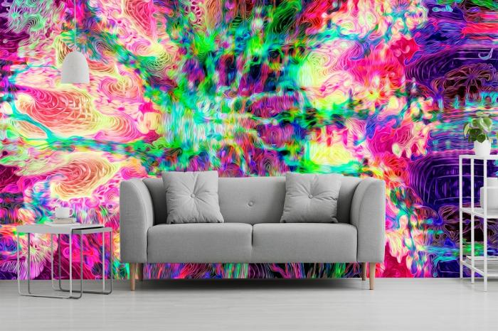 Vlies-Fototapete psychedelisches Design in grellen Farben im Wohnzimmer