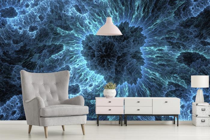 Fototapet mit blauen Fraktalen in einem Wohnzimmer