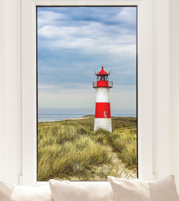 Fensterfolie mit dem Sylter Leuchtturm im Hochformat