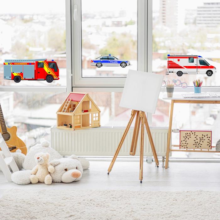 Fensterbilder mit Feuerwehr, Krankenwagen und Polizei für Kinderzimmer