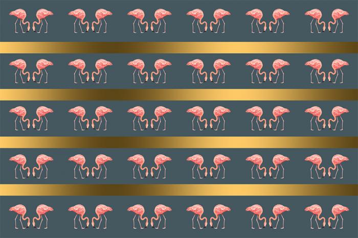 Mustertapete mit Flamingos und goldenen Streifen