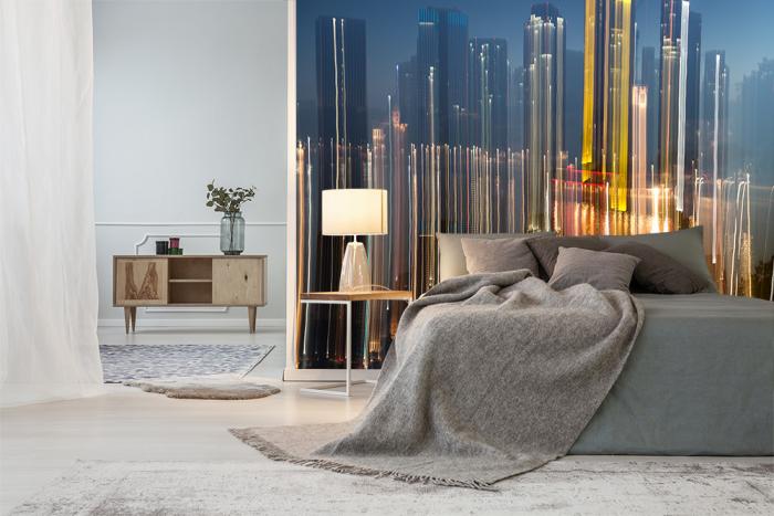 Vlies-Fototapete abstrakte Lichter von Frankfurt im Schlafzimmer