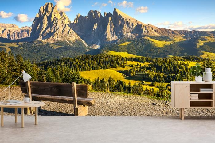 Fototapete Bank an der Seiser Alm in den Dolomiten