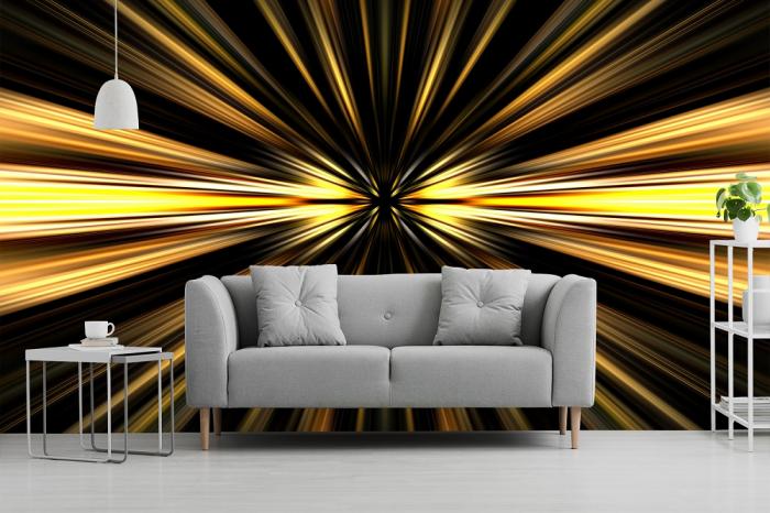 Vlies-Fototapete Lichtstrahlen in gelben Farbtönen in einem Wohnzimmer