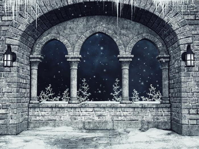 Fototapete ein altes Schlossfenster im kalten Winter