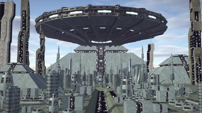 Fototapete Science-Fiction Stadt mit Ufo