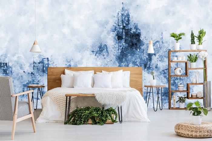 Vlies-Fototapete Frankfurter Skyline in blauen Wasserfarben im Schlafzimmer