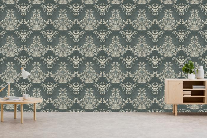 Vlies-Fototapete Muster mit Barock-Ornamenten in Grün in einem Wohnzimmer