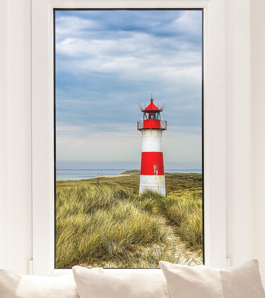Fensterfolie mit dem Sylter Leuchtturm im Hochformat