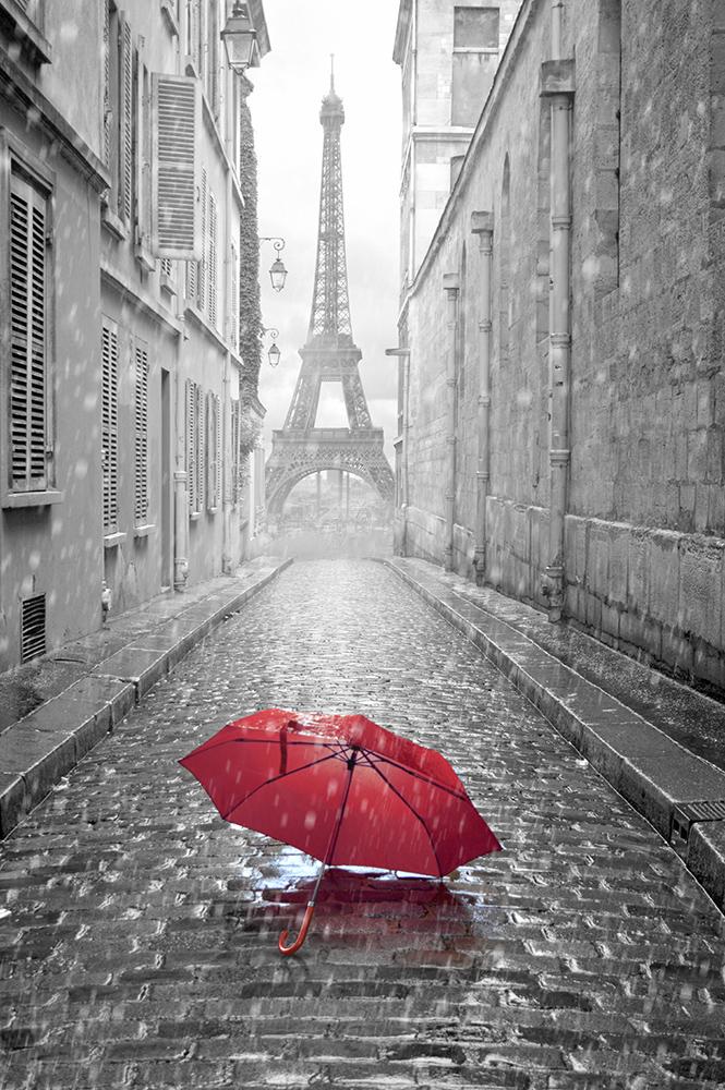 Selbstklebende Fensterfolie mit dem Eiffelturm in Paris bei Regenwetter
