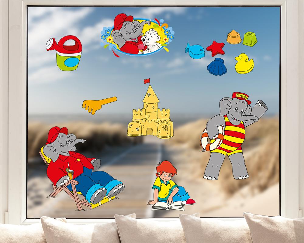 Fenstersticker Benjamin Blümchen am Strand im Sommer