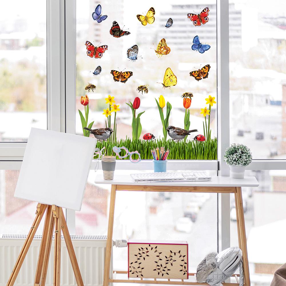 Fensterbilder mit Frühlingsblumen und Schmetterlingen