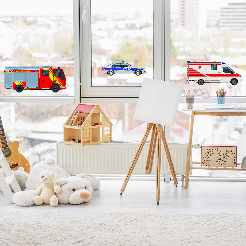 Fensterbilder mit Feuerwehr, Krankenwagen und Polizei für Kinderzimmer