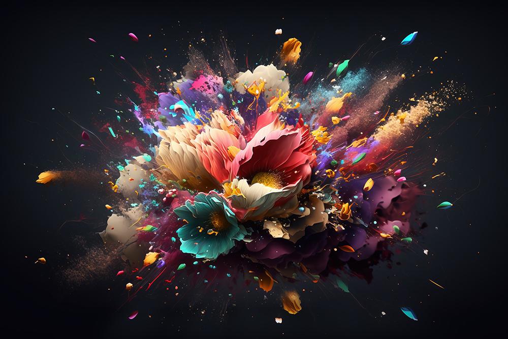 Fototapete Blumenexplosion auf schwarzem Hintergrund