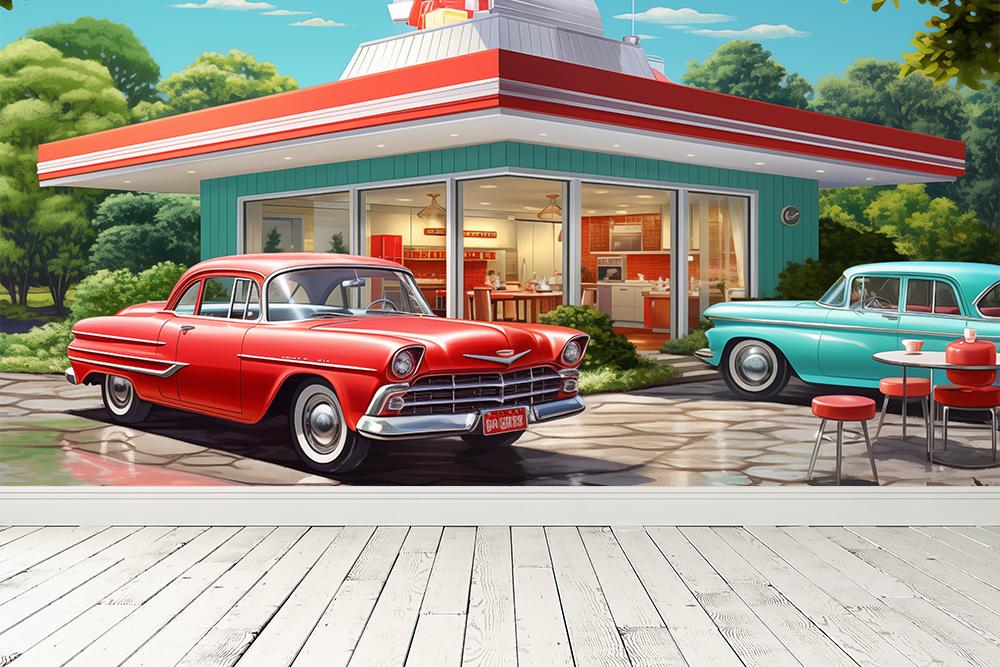KI-Fototapete – USA Burger Restaurant im 60er-Jahre-Stil