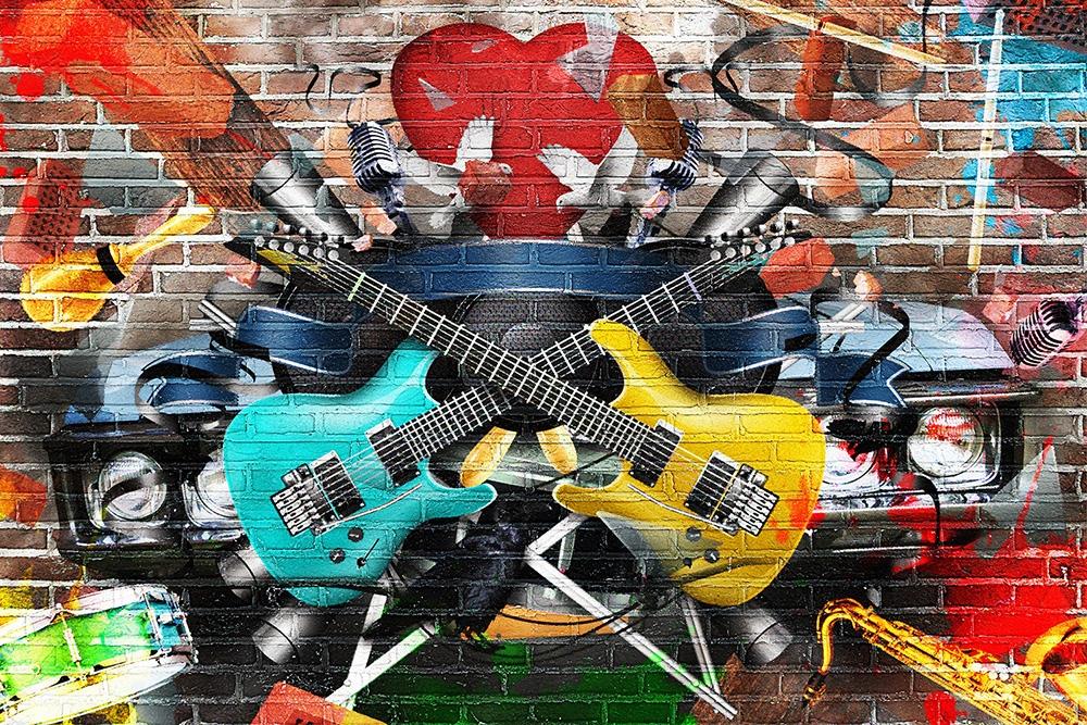 Vlies-Fototapete mit einem Graffiti mit Musikinstrumenten und einem Auto