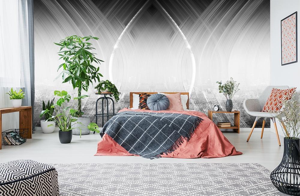 Vlies-Fototapete abstrakte Collage von Berlin in Schwarz-Weiß in einem Schlafzimmer