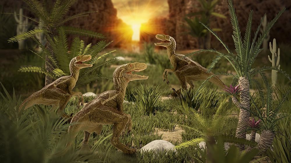 Fototapete drei Dinosaurier in einer Berglandschaft
