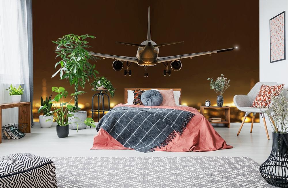 Fototapete Flugzeug bei der Landung bei Nacht