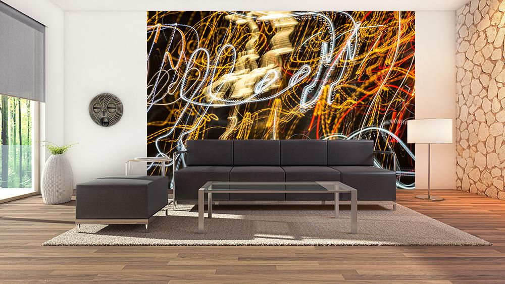 Vlies-Fototapete abstraktes Lightpainting in einem Wohnzimmer