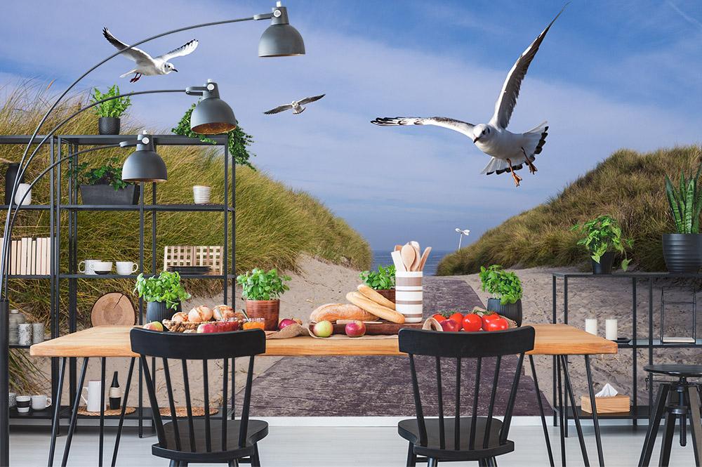 Fototapete Möwen über den Dünen an der Nordsee