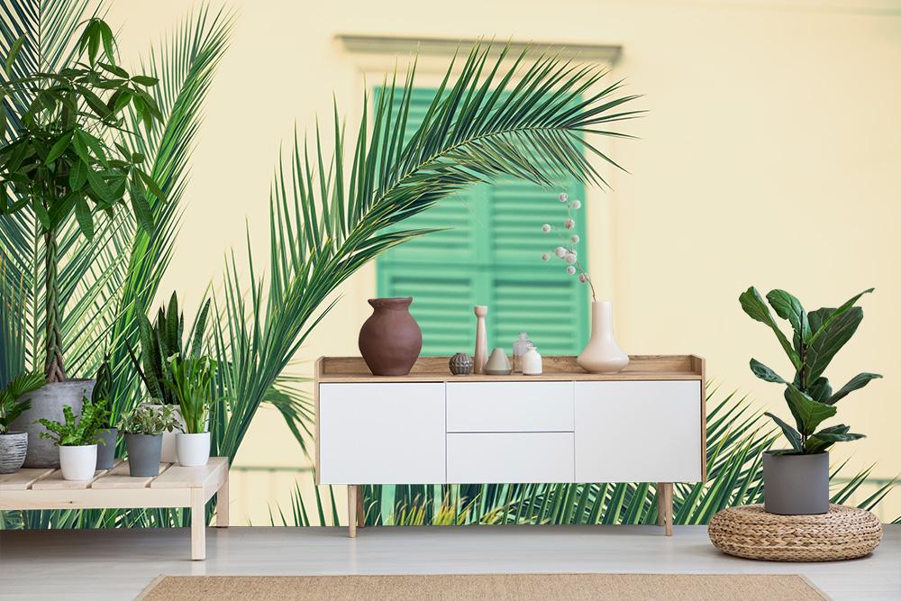 Fototapete mit einer Palme vor einem Fenster im Retro-Look