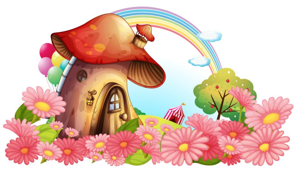 Fototapete Pilzhaus in Blumenlandschaft
