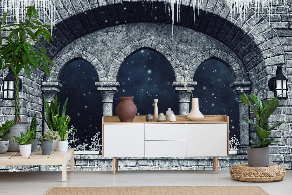 Fototapete ein altes Schlossfenster im kalten Winter