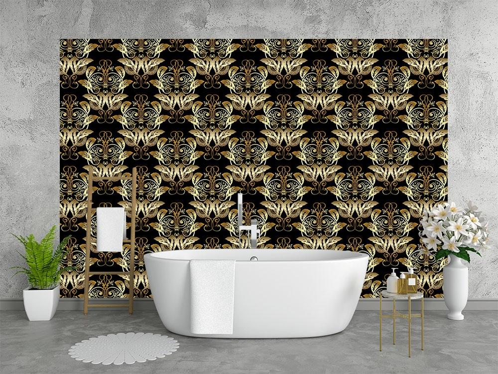 Vlies-Fototapete Muster mit goldfarbenen Barock-Ornamenten in einem Badezimmer