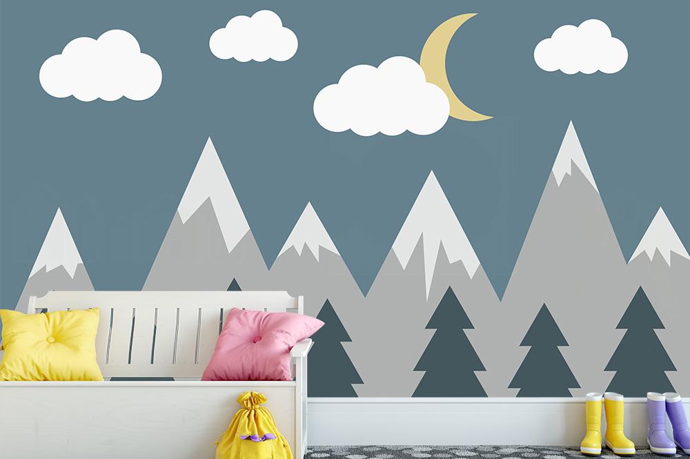 Kinderzimmer Tapete mit Bergen und Mond bei Nacht