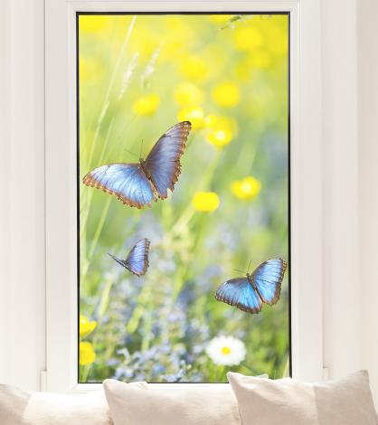 Fensterfolie Schmetterlinge auf einer Frühlingswiese im Hochformat