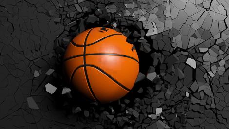 Fototapete Basketball fliegt durch schwarze Wand