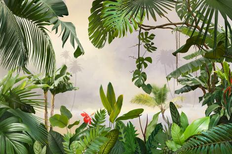 Fototapete Dschungel mit Palmenblättern und Bananenblättern