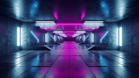 3D-Fototapete spaciges Raumschiff in Blau mit violetten Lichtern
