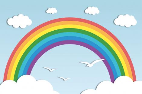 Kinderzimmer Fototapete mit einem Regenbogen, Vögeln und Wolken