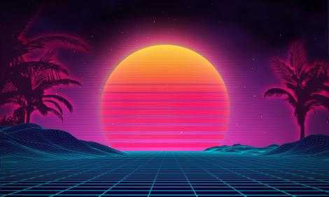 Retro-Fototapete mit Palmen und einer Sonne am Abend im Synthwave-Design