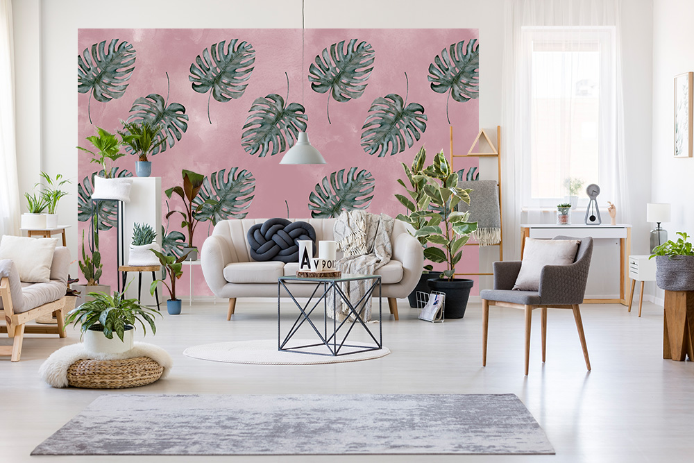 Wohnzimmer mit Monstera-Fototapete Wohnzimmer mit einer modernen Fototapete mit Monstera Blättern