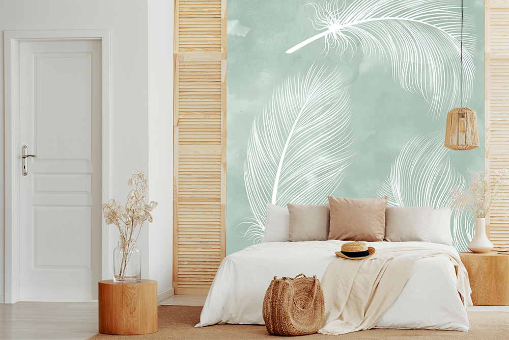Zur Fototapete Federn vor Aquarell-Hintergrund Ein modernes Schlafzimmer mit gemütlichen Holzelementen und einer Fototapete